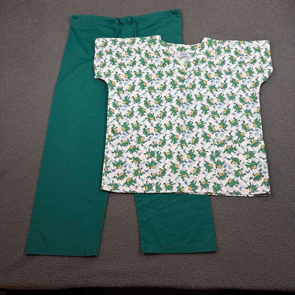 Soft Scrubs Scrub Set Unisex Large Green Frog Print V-Neck Top Drawstring Pants